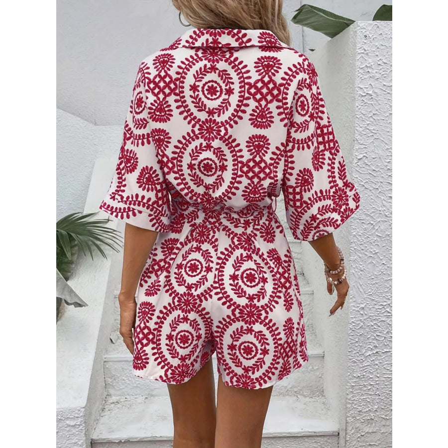 Printed Tie Waist Button Front Romper Apparel and Accessories