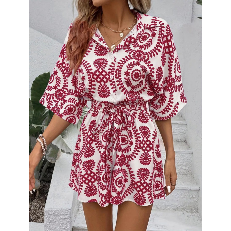 Printed Tie Waist Button Front Romper Apparel and Accessories