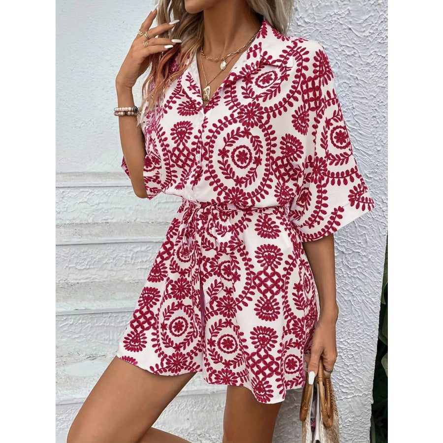 Printed Tie Waist Button Front Romper Apparel and Accessories