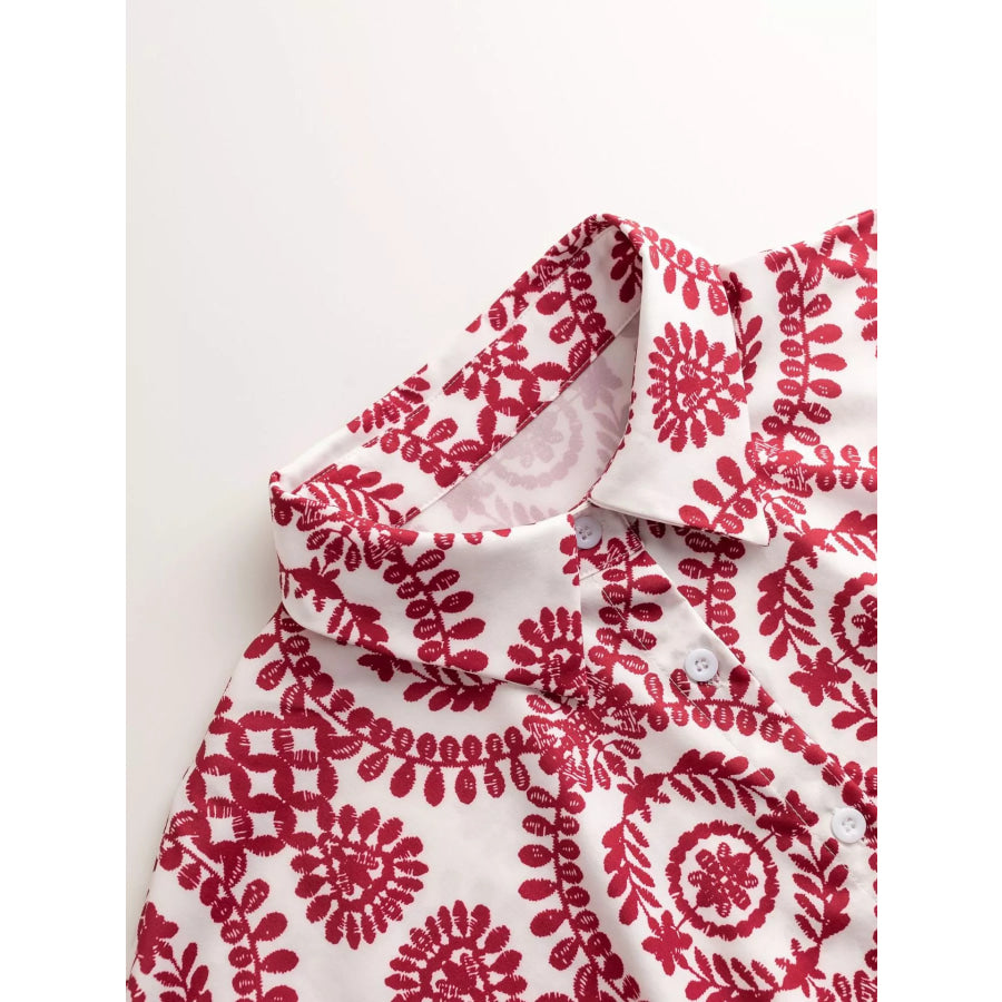 Printed Tie Waist Button Front Romper Apparel and Accessories