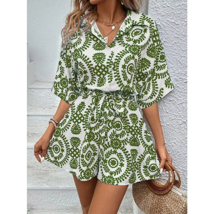 Printed Tie Waist Button Front Romper Apparel and Accessories