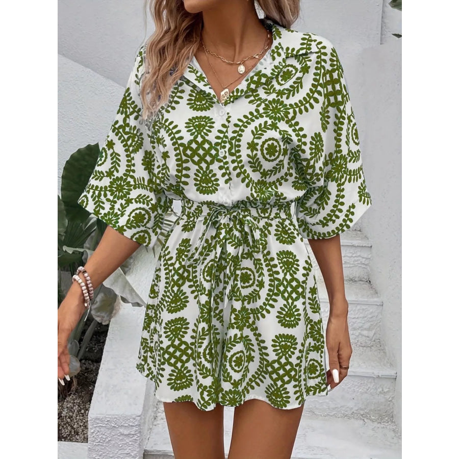 Printed Tie Waist Button Front Romper Apparel and Accessories
