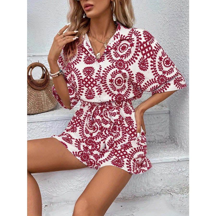 Printed Tie Waist Button Front Romper Apparel and Accessories