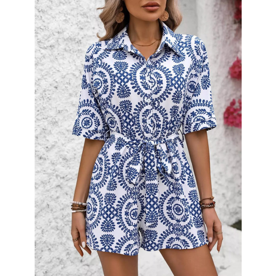 Printed Tie Waist Button Front Romper Blue / S Apparel and Accessories