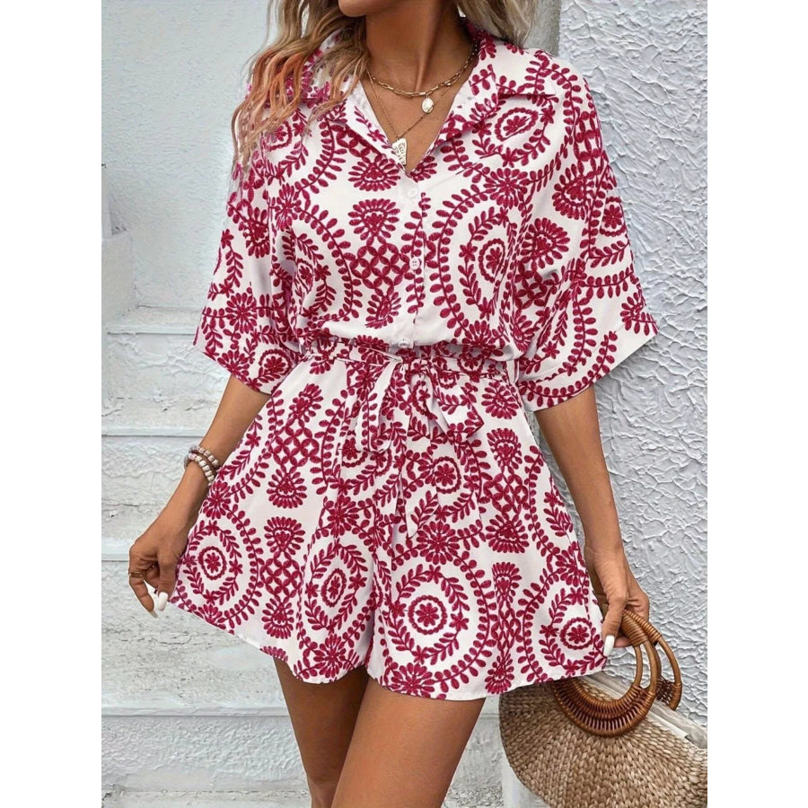 Printed Tie Waist Button Front Romper Deep Red / S Apparel and Accessories