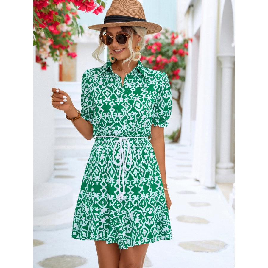 Printed Tie Waist Collared Flounce Sleeve Dress Green / S