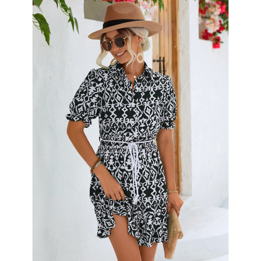 Printed Tie Waist Collared Flounce Sleeve Dress