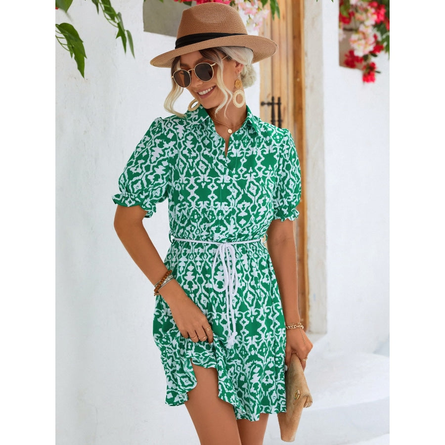 Printed Tie Waist Collared Flounce Sleeve Dress