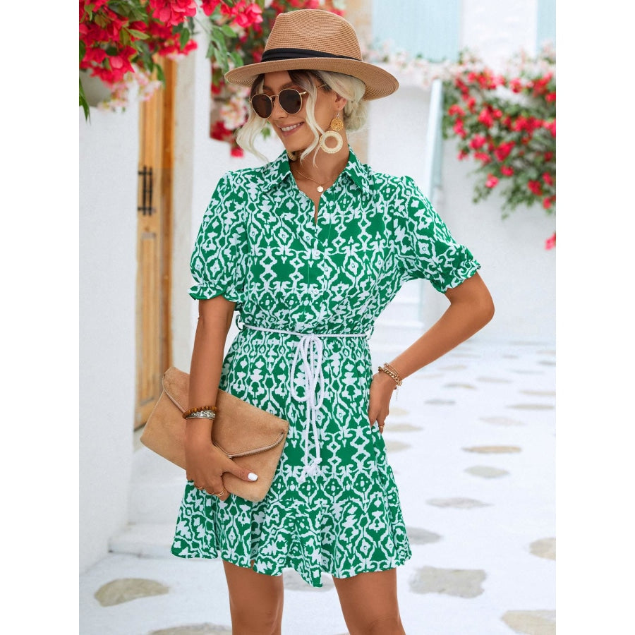 Printed Tie Waist Collared Flounce Sleeve Dress