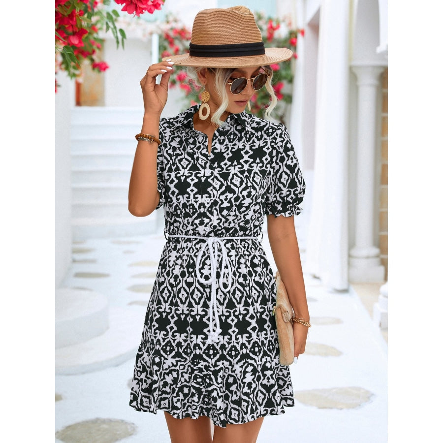 Printed Tie Waist Collared Flounce Sleeve Dress