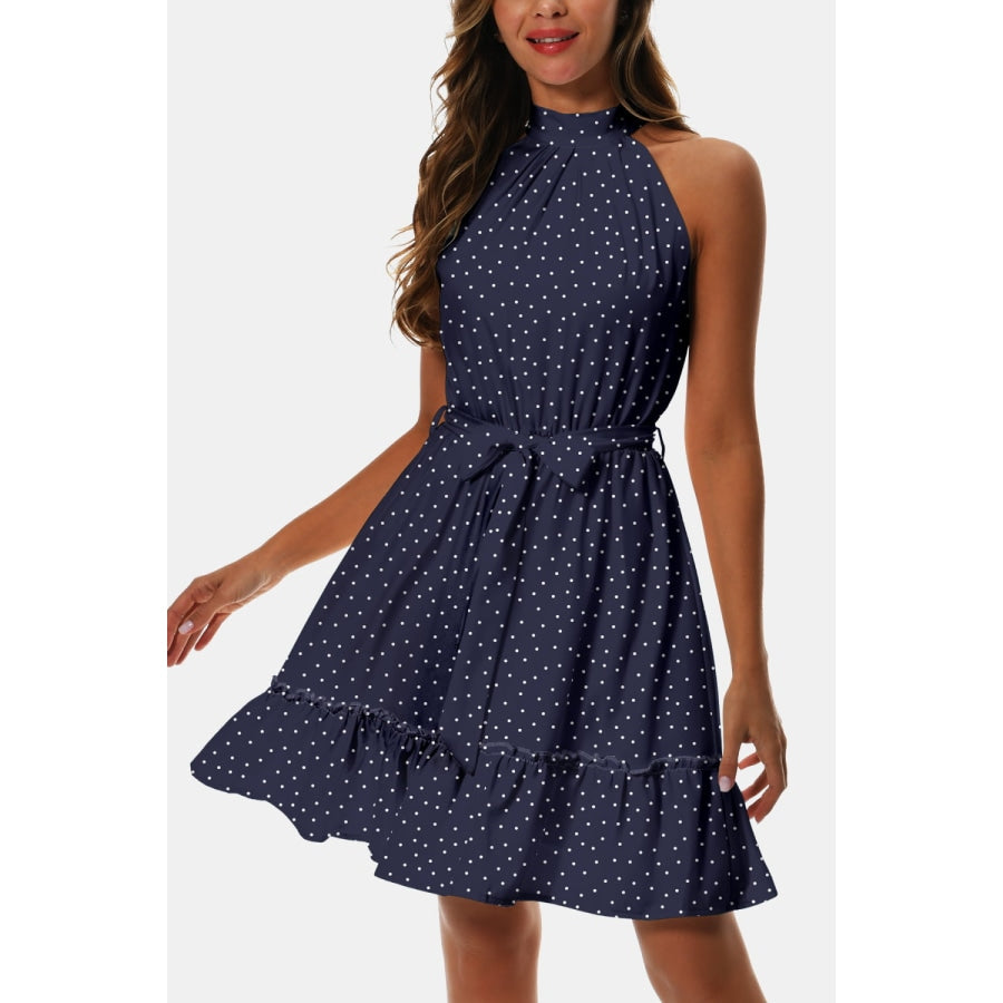 Printed Tie Waist Frill Trim Dress Dark Navy / S