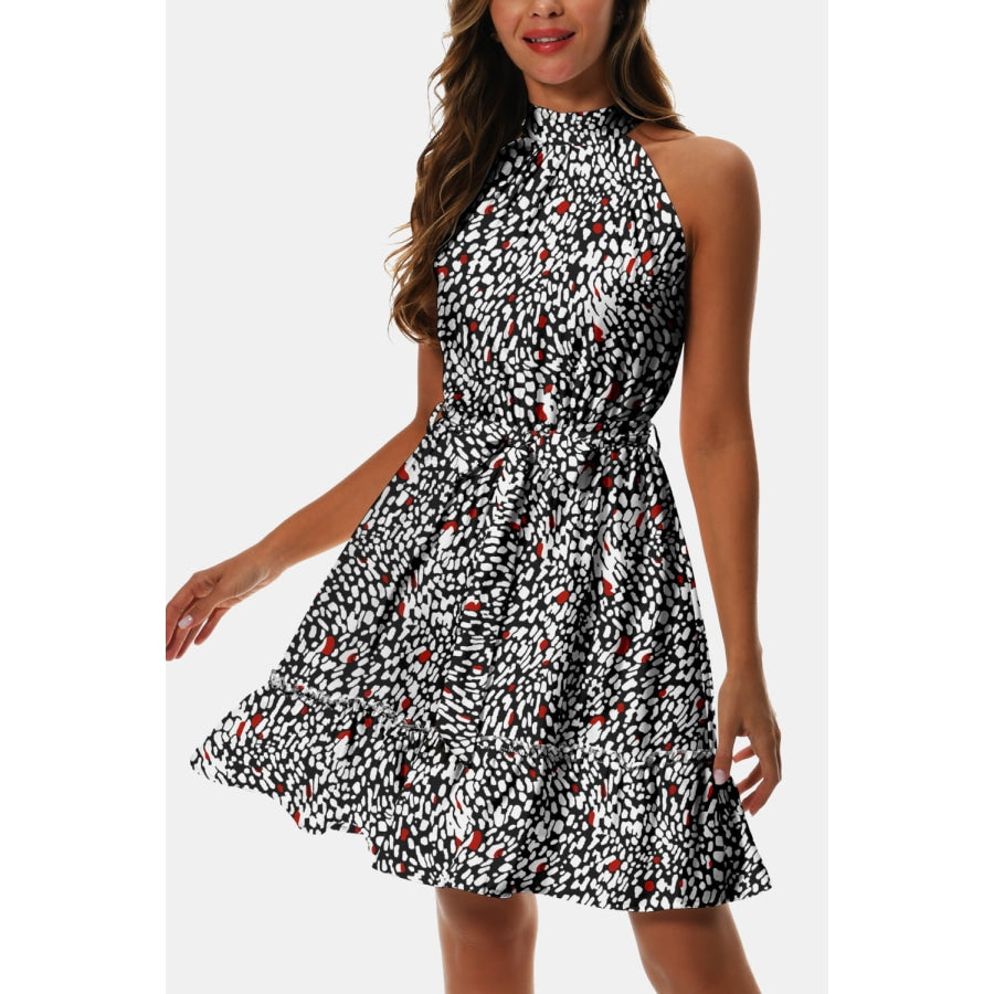 Printed Tie Waist Frill Trim Dress Multicolor / S