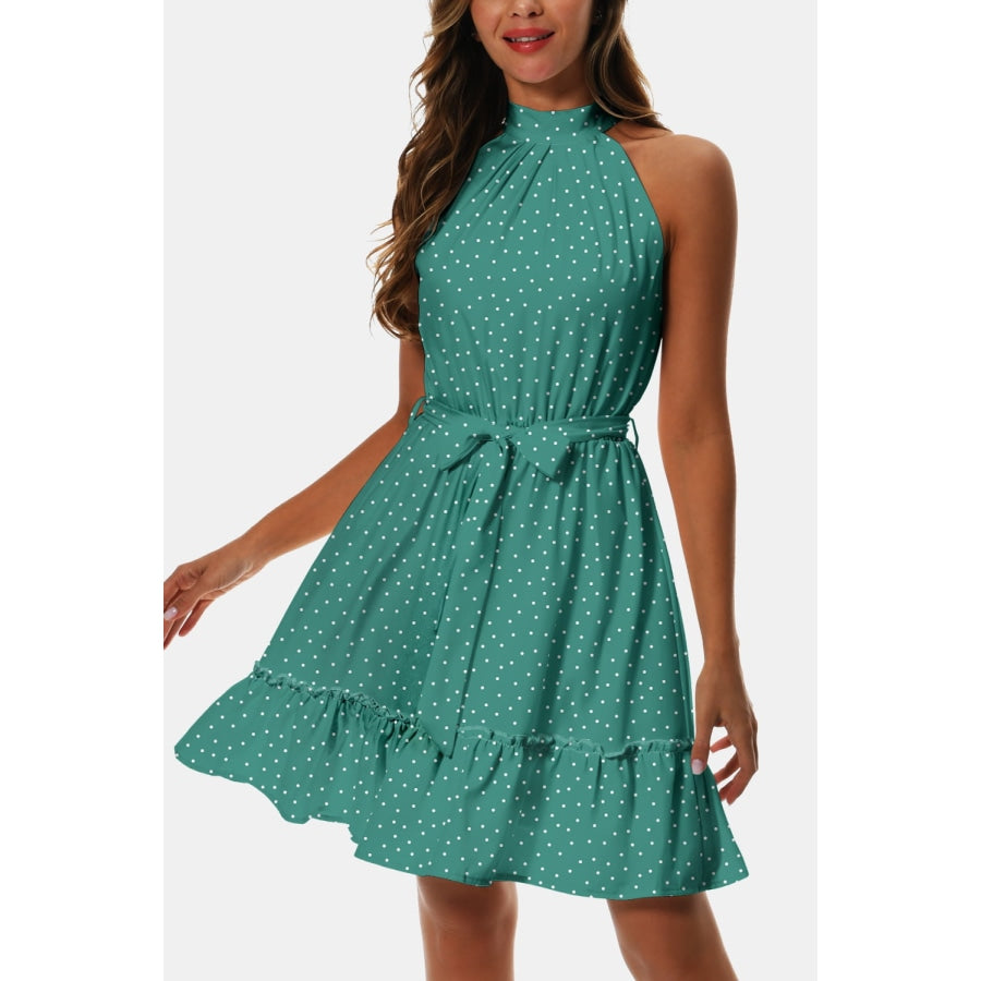 Printed Tie Waist Frill Trim Dress Teal / S