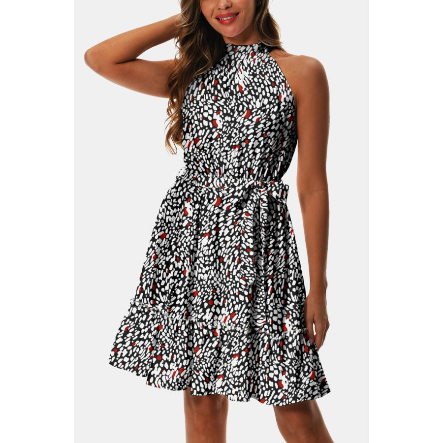 Printed Tie Waist Frill Trim Dress