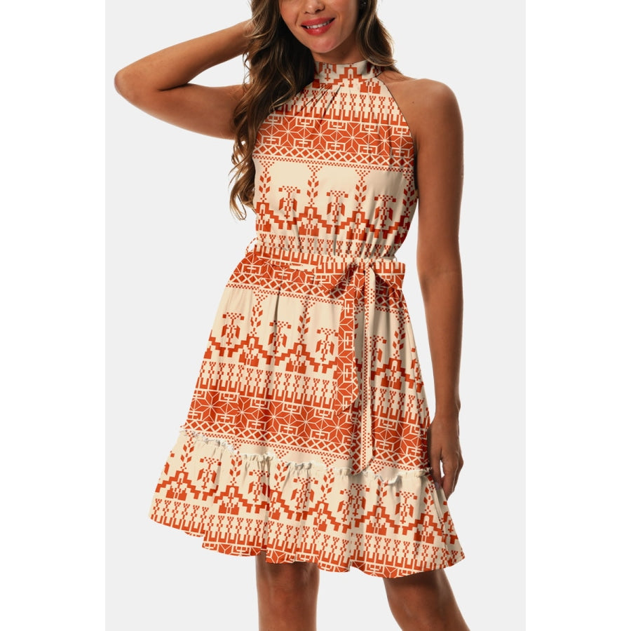 Printed Tie Waist Frill Trim Dress