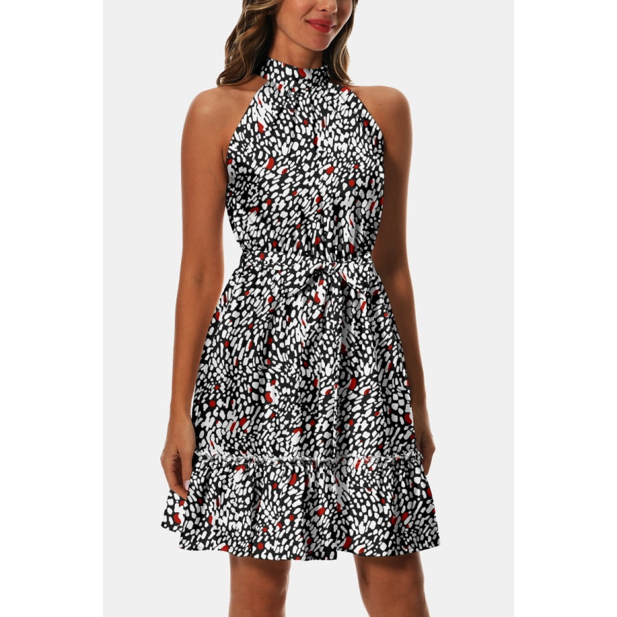 Printed Tie Waist Frill Trim Dress