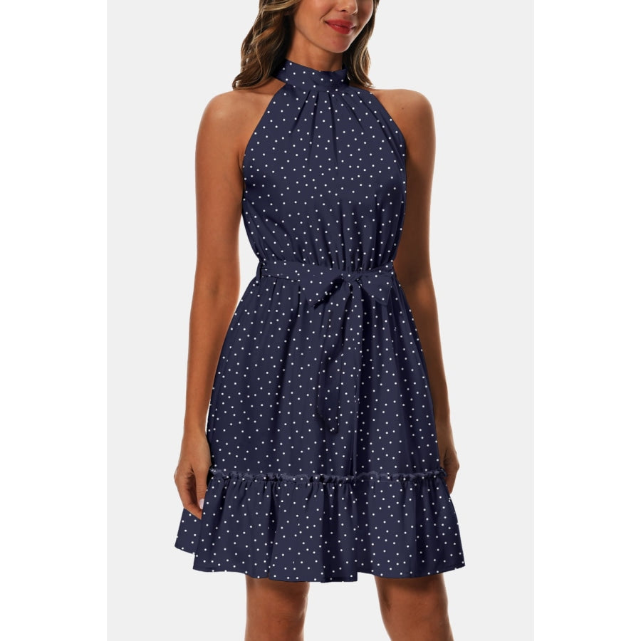 Printed Tie Waist Frill Trim Dress