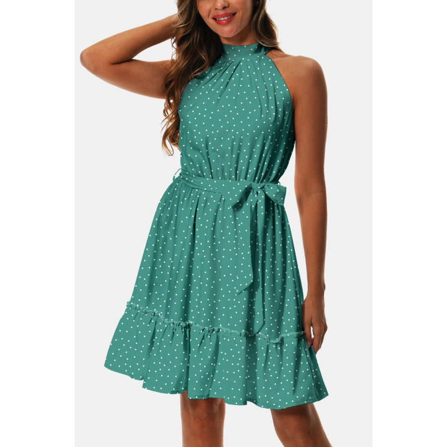 Printed Tie Waist Frill Trim Dress