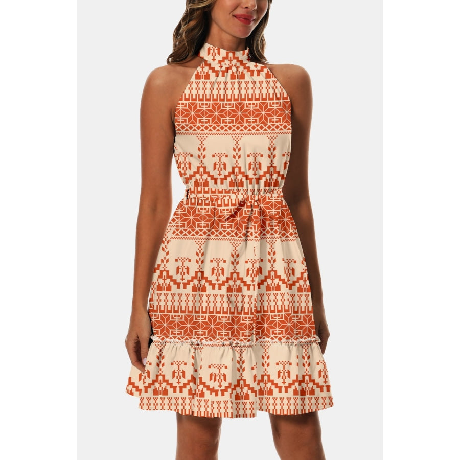 Printed Tie Waist Frill Trim Dress