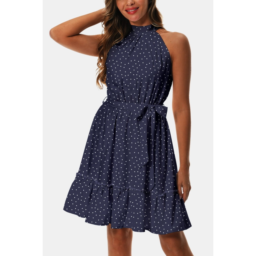 Printed Tie Waist Frill Trim Dress