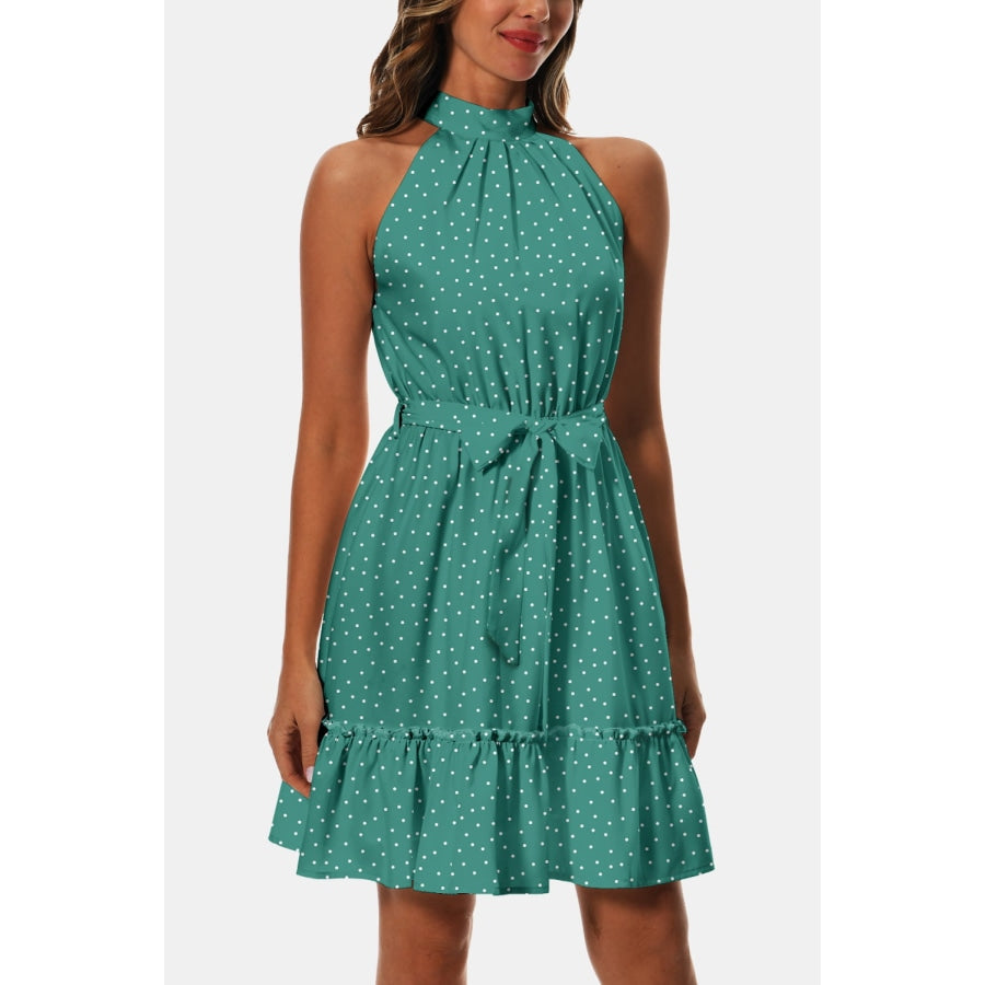 Printed Tie Waist Frill Trim Dress