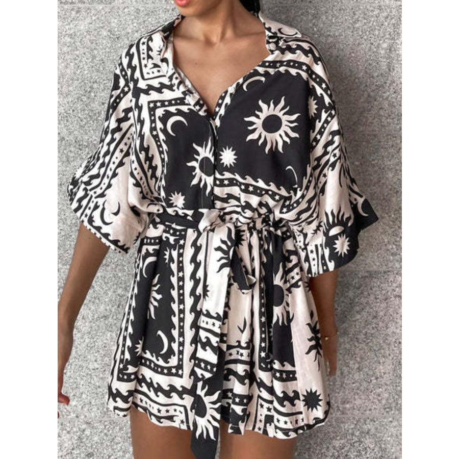 Printed Tie Waist Half Sleeve Romper Apparel and Accessories
