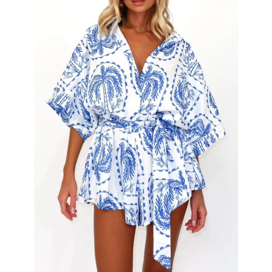 Printed Tie Waist Half Sleeve Romper Apparel and Accessories