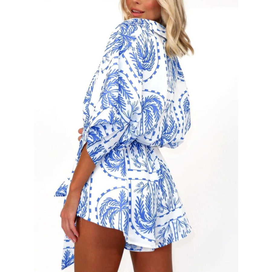 Printed Tie Waist Half Sleeve Romper Apparel and Accessories