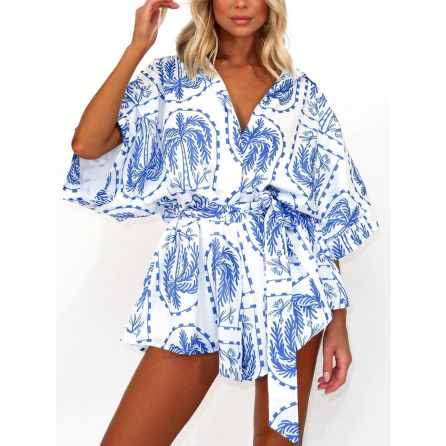 Printed Tie Waist Half Sleeve Romper Apparel and Accessories