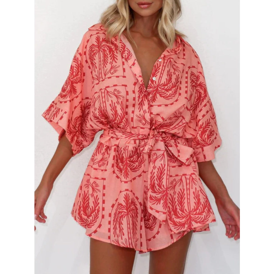 Printed Tie Waist Half Sleeve Romper Apparel and Accessories