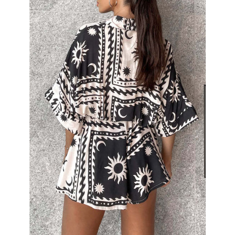 Printed Tie Waist Half Sleeve Romper Black / S Apparel and Accessories