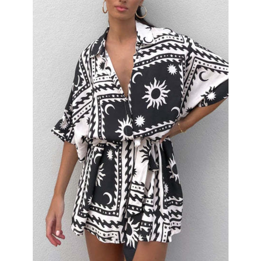 Printed Tie Waist Half Sleeve Romper Apparel and Accessories