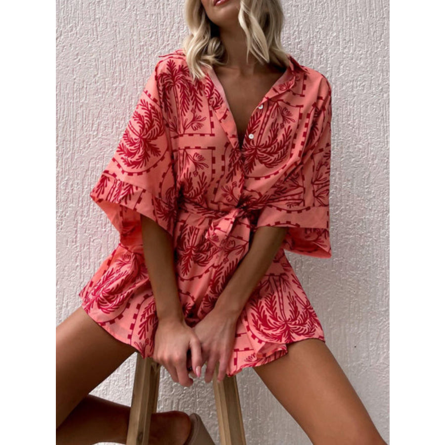 Printed Tie Waist Half Sleeve Romper Apparel and Accessories