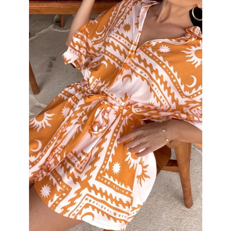 Printed Tie Waist Half Sleeve Romper Apparel and Accessories