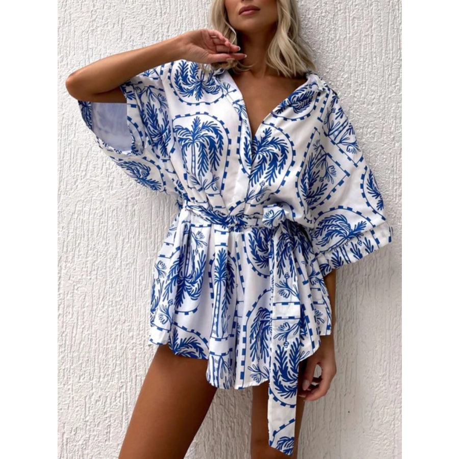 Printed Tie Waist Half Sleeve Romper Apparel and Accessories