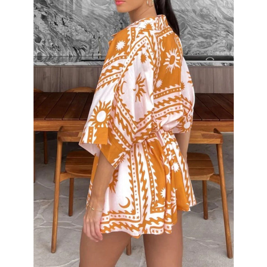 Printed Tie Waist Half Sleeve Romper Apparel and Accessories
