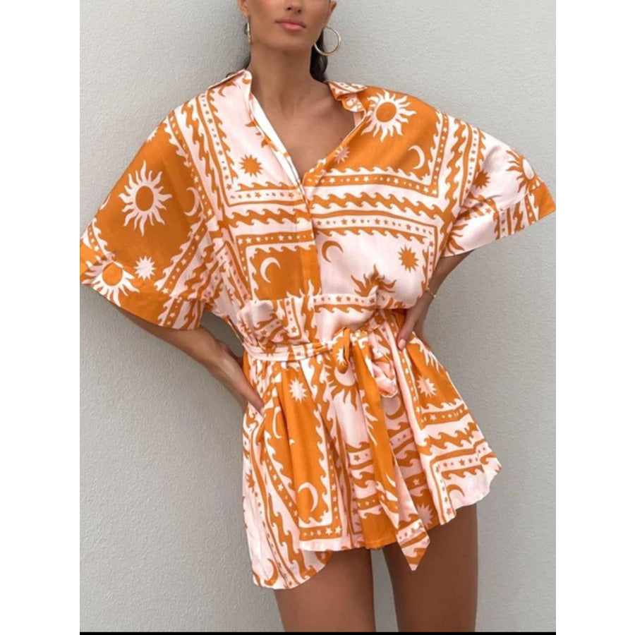 Printed Tie Waist Half Sleeve Romper Apparel and Accessories