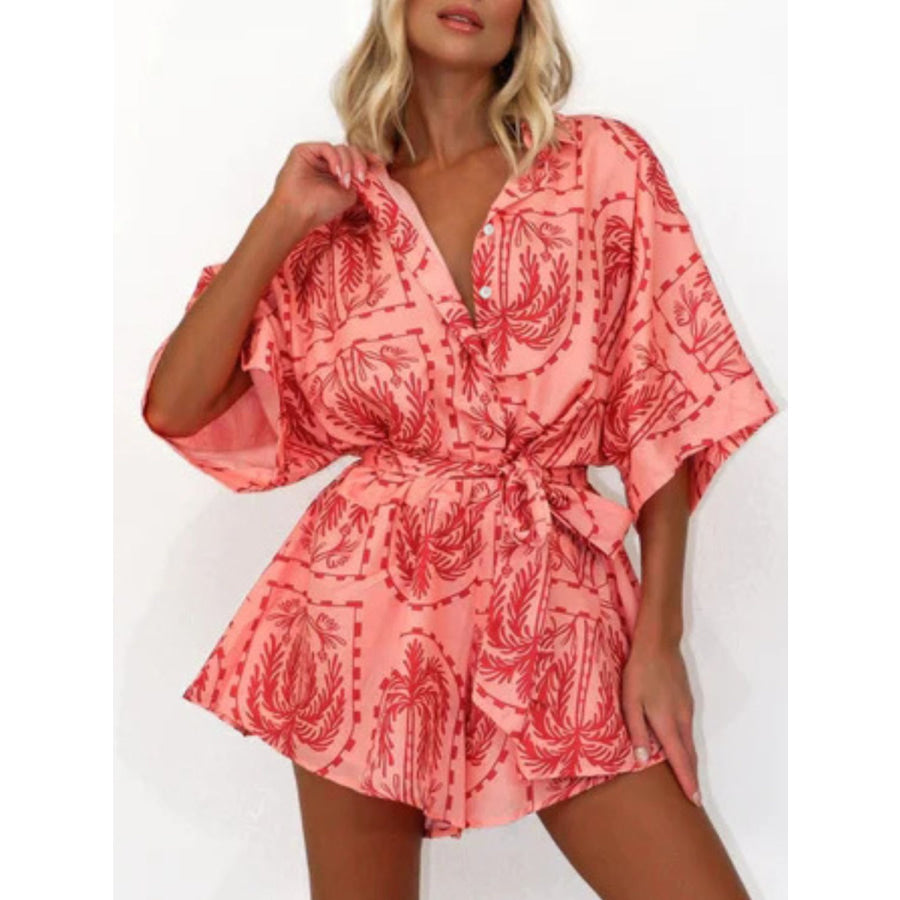 Printed Tie Waist Half Sleeve Romper Apparel and Accessories