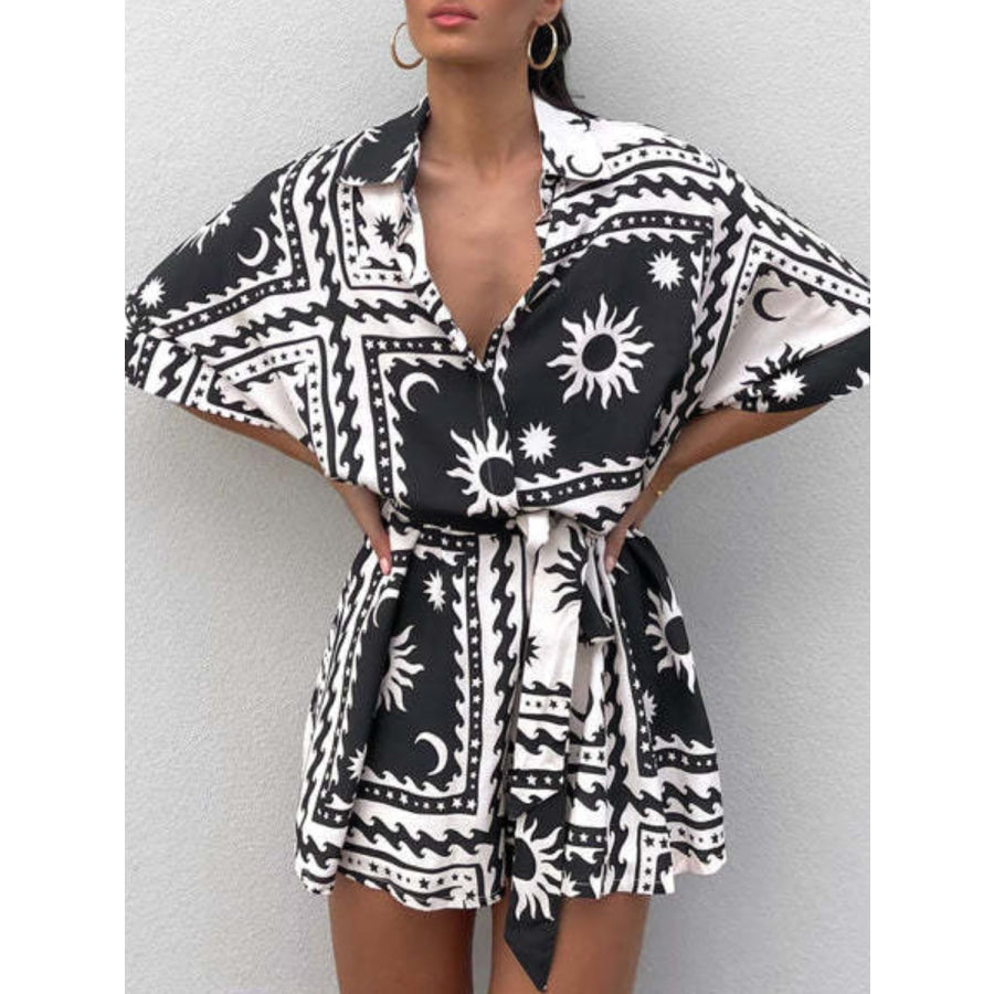Printed Tie Waist Half Sleeve Romper Black / S Apparel and Accessories