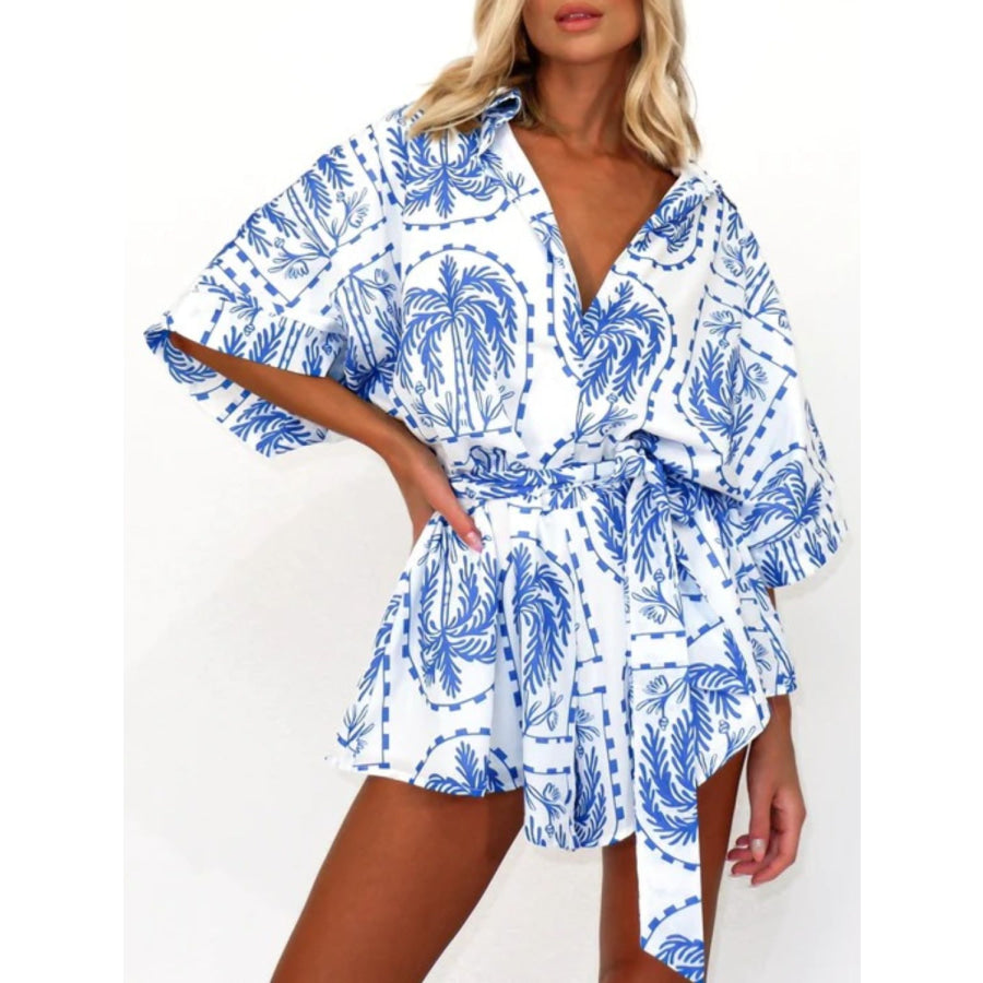 Printed Tie Waist Half Sleeve Romper Blue / S Apparel and Accessories