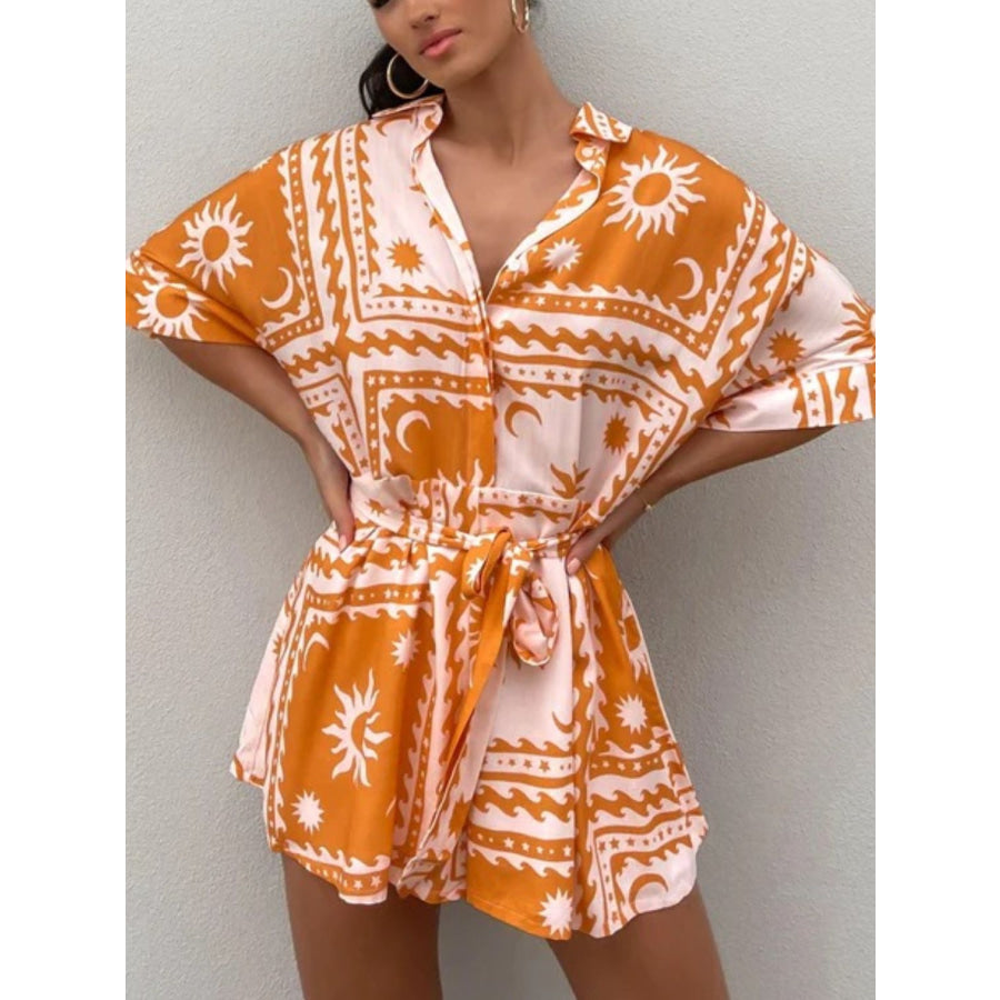 Printed Tie Waist Half Sleeve Romper Gold / S Apparel and Accessories
