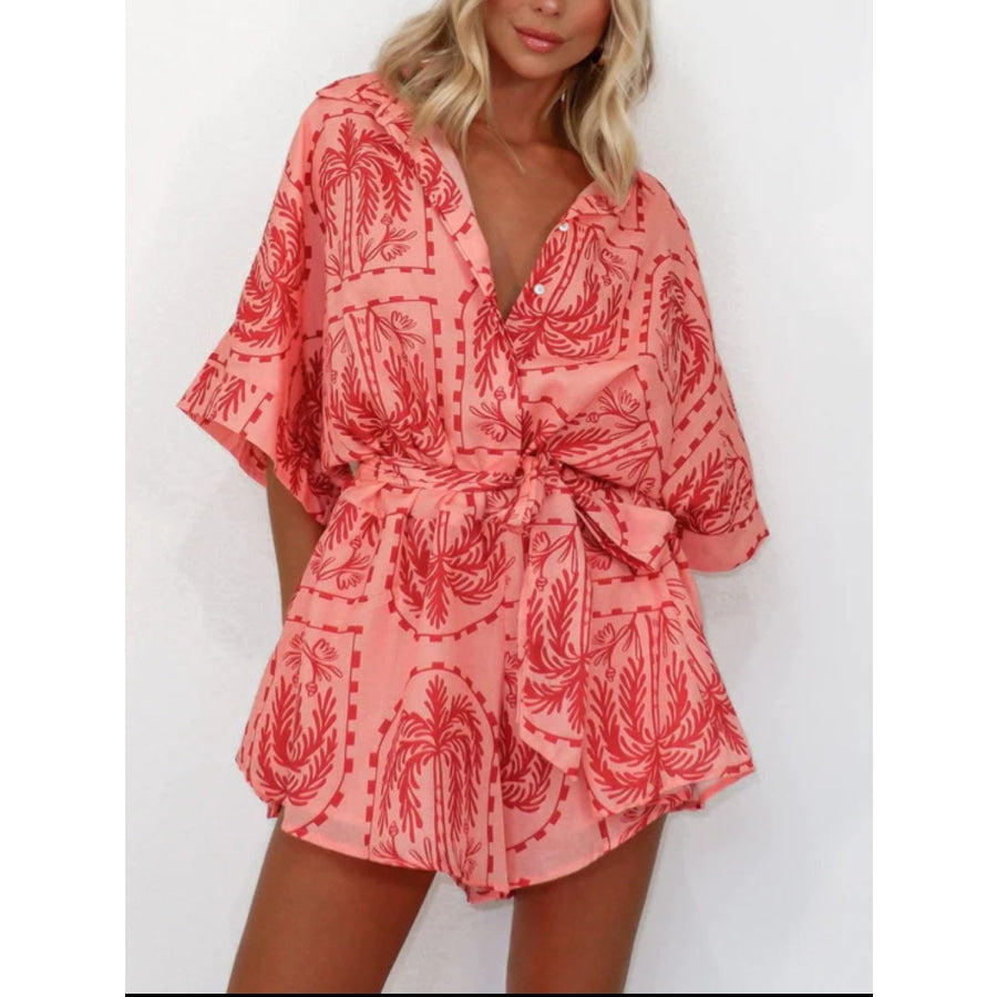 Printed Tie Waist Half Sleeve Romper Strawberry / S Apparel and Accessories