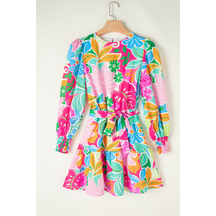 Printed Tie Waist Lantern Sleeve Mini Dress Floral / S Apparel and Accessories