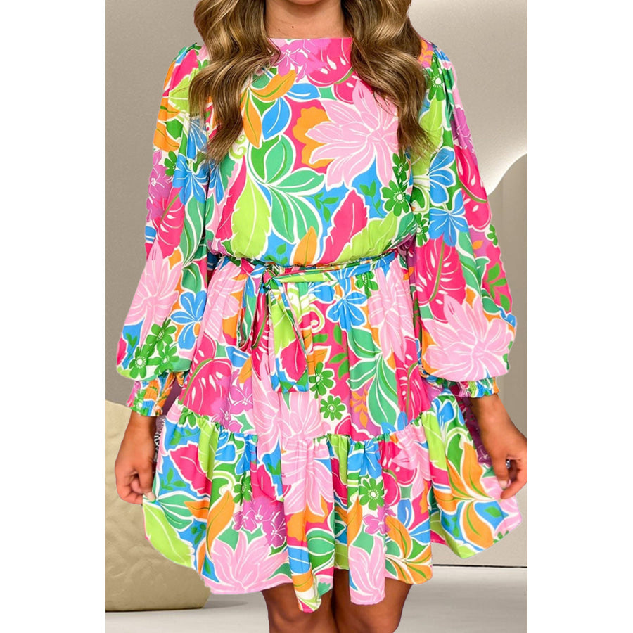 Printed Tie Waist Lantern Sleeve Mini Dress Floral / S Apparel and Accessories
