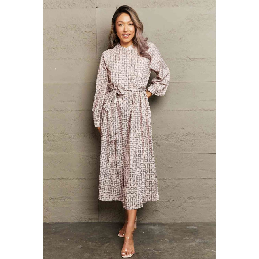 Printed Tie Waist Long Sleeve Dress Beige / S