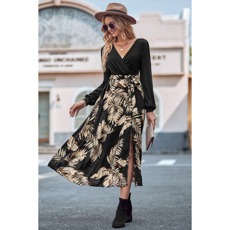 Printed Tie Waist Long Sleeve Dress Black / S