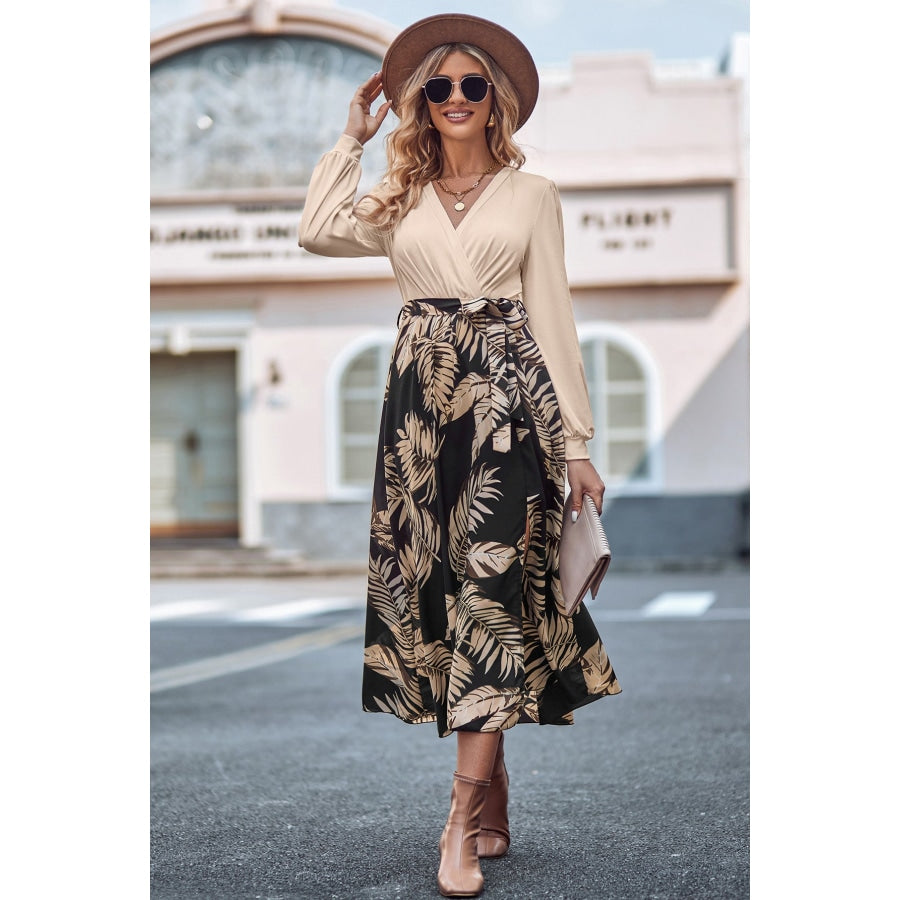 Printed Tie Waist Long Sleeve Dress Sand / S