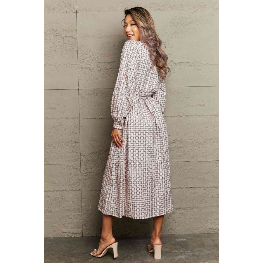 Printed Tie Waist Long Sleeve Dress Beige / S