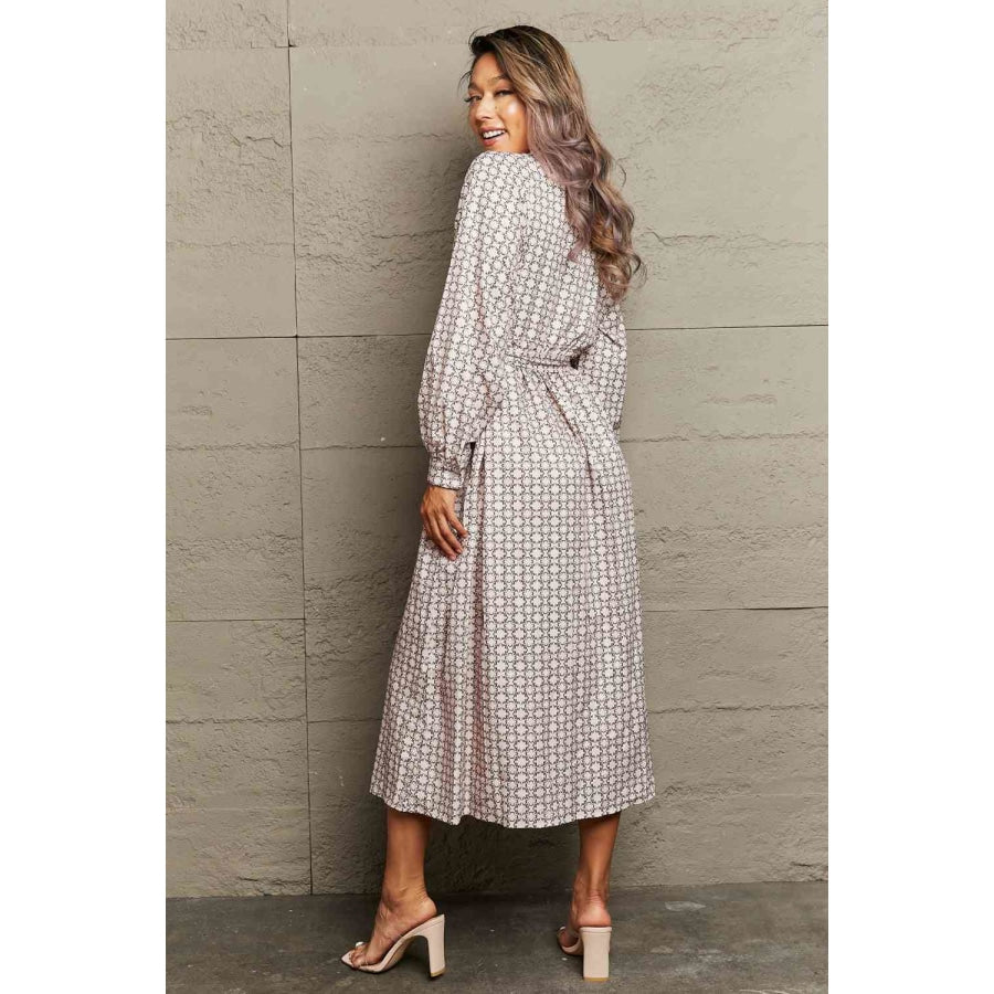 Printed Tie Waist Long Sleeve Dress Beige / S