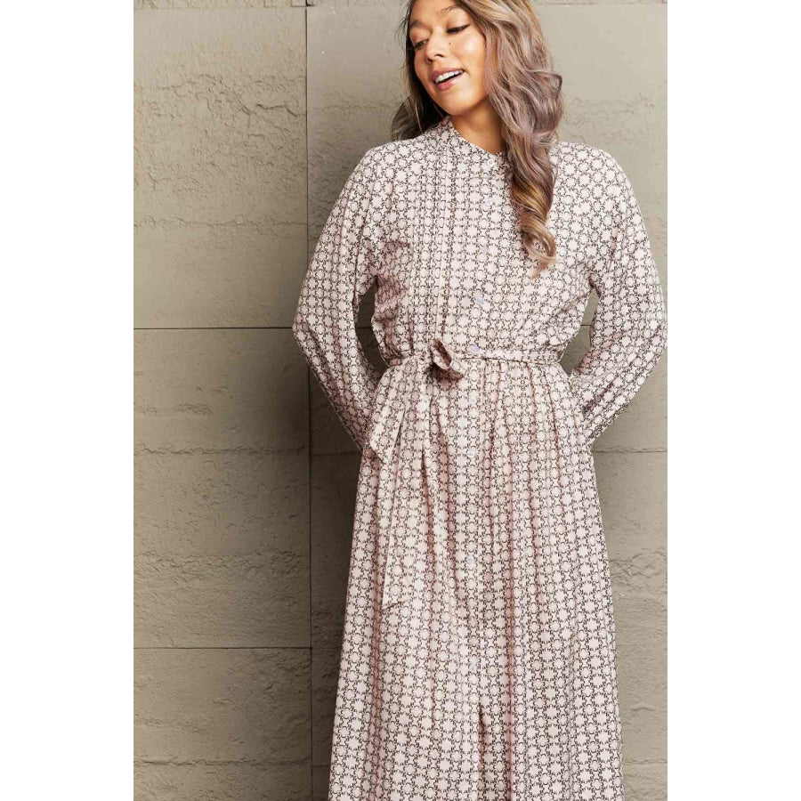 Printed Tie Waist Long Sleeve Dress